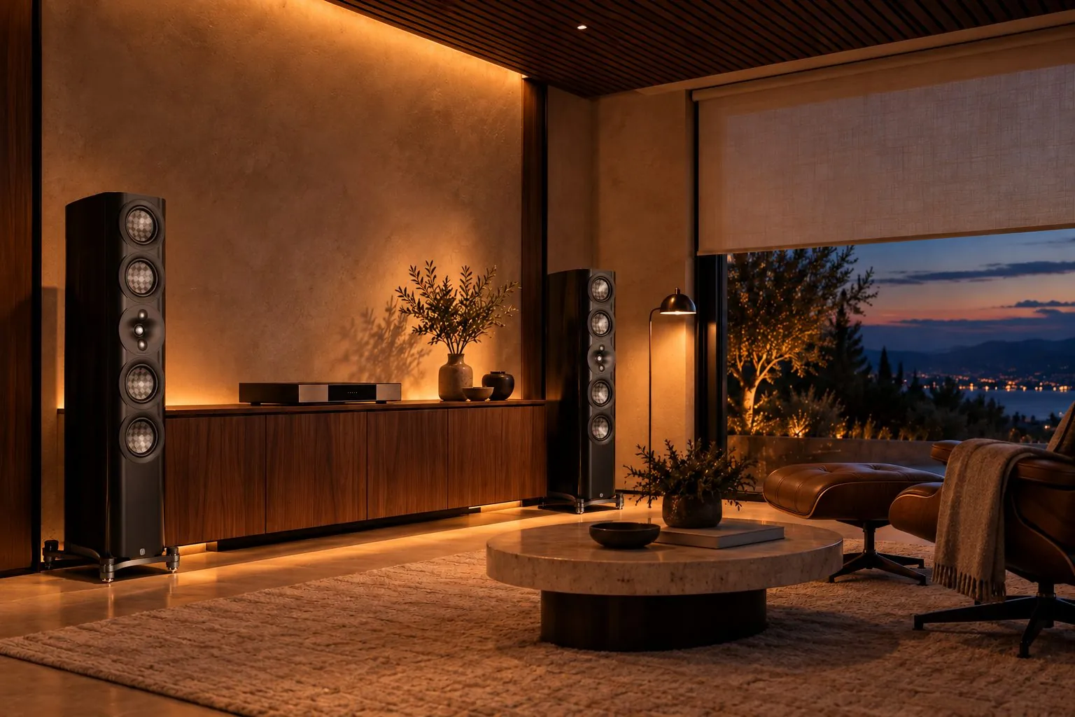 Listening room with Perlisten S7t floor-standing speakers and a music streamer