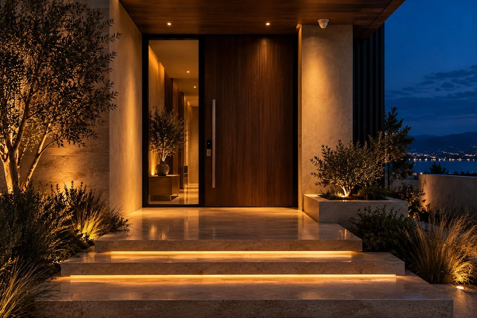 Walnut pivot front door with a smart lock at blue hour