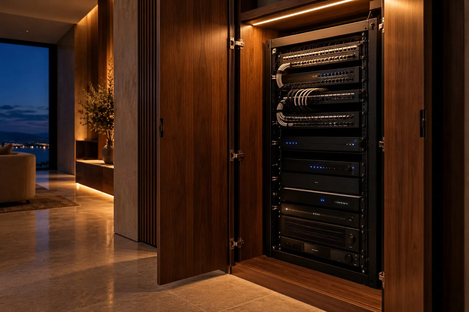 Neatly wired network rack inside walnut joinery